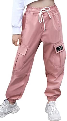 SANGTREE Girls Cargo Pants, Elastic Waist Drawstring Loose Tapered Multi Pockets Cargo Jogger Pants for Girl, Pink, 11-12 Years Big Kid = Tag 160