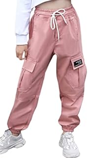 SANGTREE Girls Cargo Pants, Elastic Waist Drawstring Loose Tapered Multi Pockets Cargo Jogger Pants for Girl, Pink, 11-12 Years Big Kid = Tag 160