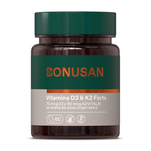 Bonusan Vitamina D3 y K2 Forte 60 Perlas, Suplemento con Aceite de Oliva Virgen Extra, Sin Gluten, Sin Lactosa, Sin Soja
