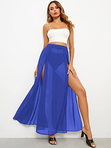 Romwe Women's Sheer Mesh High Waist Split Thigh Beach Cover Up Long Skirt Royal Blue Xl #TOP4