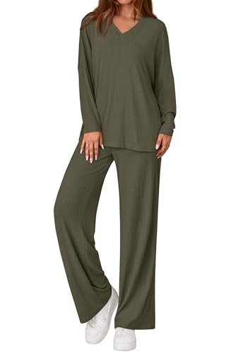 PRETTYGARDEN 2 Piece Lounge Sets for Women Fall Outfits 2025 Casual Loose Long Sleeve Tops Wide Leg Pants Matching Pajama Set