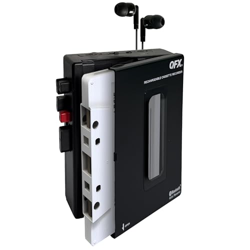 QFX RETRO-1980 Portable Bluetooth Cassette Tape Player Recorder Auto Reverse USB-C Rechargeable Built-in Speaker and Microphone Stereo Earbuds Included