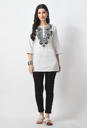 Image of LIBOZA Kurti for Women - Short Chikankari Kurtis for Girls, Lakhnawi Tunic Top Kurta Design for Ladies, Woman Ethnic Kurthis & Shirt with Sleeve