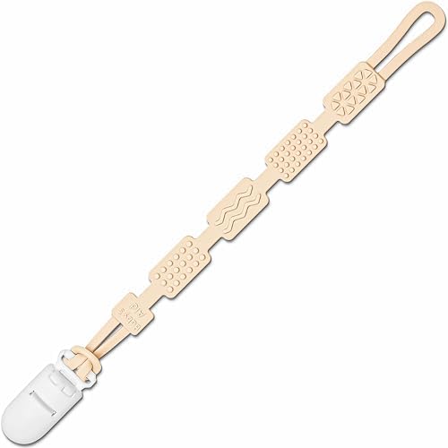 Silicone Pacifier Clip with 4 Teething Textures, One-Piece Patented Design, Dishwasher Safe, Secure Plastic Clip, Fits All Pacifiers, Baby’s Aid (Buttercream)