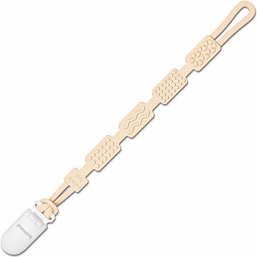 Silicone Pacifier Clip with 4 Teething Textures, One-Piece Patented Design, Dishwasher Safe, Secure Plastic Clip, Fits All Pacifiers, Baby’s Aid (Buttercream)