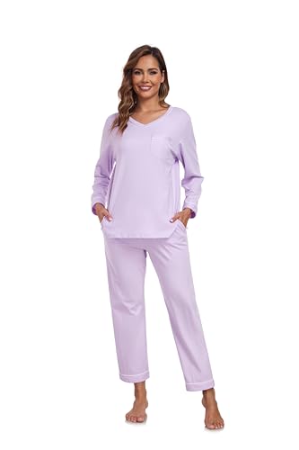 Image of COLORFULLEAF 100% Cotton Pajama Set for Women Long Sleeve Sleepwear with Pants Soft Comfy Two-Piece Pjs with Pockets