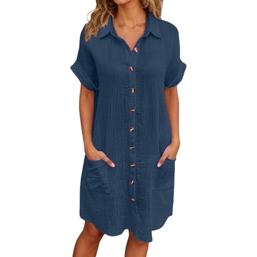 Robe Ete Femme Été T Shirt Robes Femmes D Droite Tunique Mi Longue Robé De Plage Marron En Coton Vert Sauge Devant Boutonnée Legere Trapèze Ronde Women...