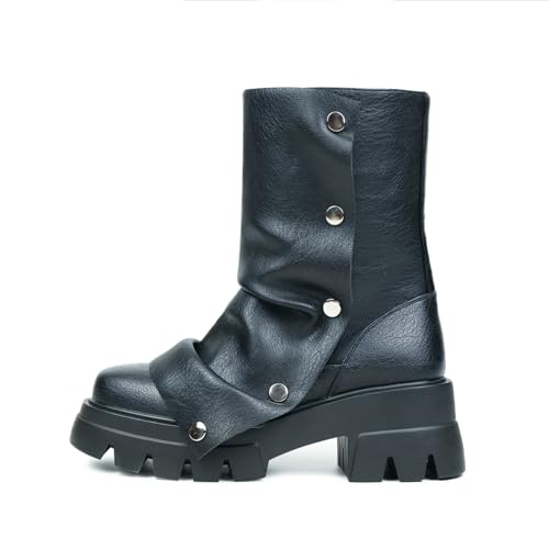 HiColor Women's even-soled heel Ankle Boots Lazy Folding Wide Detachable Button Boots