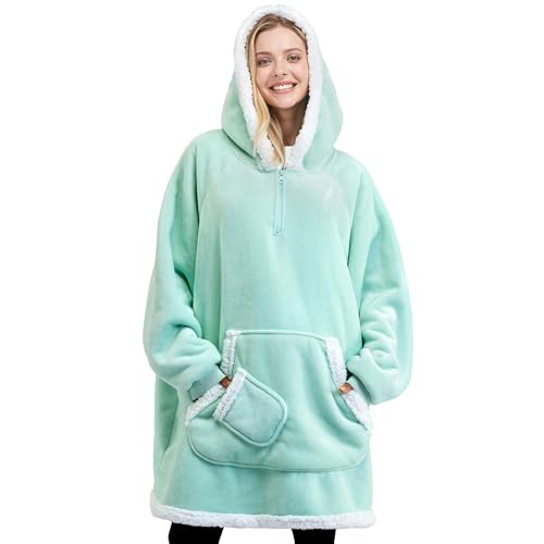 Giggling Getup Wearable Blanket Hoodie for Women Men Gifts for Women Mom Wife Sherpa Fleece Hooded Blanket Sweatshirt Cozy Sherpa Wearable Throw with Pocket & Sleeves for Adult Standard Light Green