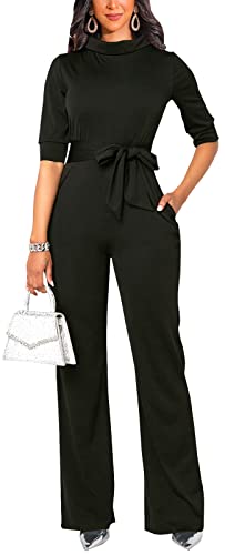 Black Formal Jumpsuits For Women Dressy Half Sleeve Evening Party Rompers Elegant Collared Wide Leg Long Pants With Belt #TOP15