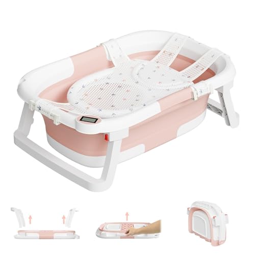 Image of napei Collapsible Baby Bathtub,Baby Bath Tub with Soft Cushion & Thermometer,Baby Bathtub Newborn to Toddler 0-36 Months,Portable Travel Baby Tub