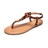 Colgo Thong Flat Sandals, Casual Women T-Strap Dress Sandals with Adjustable Ankle Buckle for Summer Wedding (New Leopard/Sdl,9)