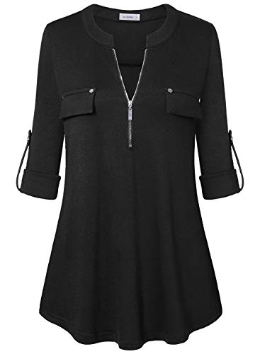 Siddhe Damen Einfarbig V-Ausschnitt Bluse Reißverschluss T-Shirt Oberteile Elegant 3/4 Ärmel Casual Longshirt, Schwarz XXXL Cover
