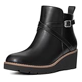 Athlefit Women's Wedge Ankle Boots Fashion Black Platform Lug Sole Buckle Short Booties with Side Zipper Size 9