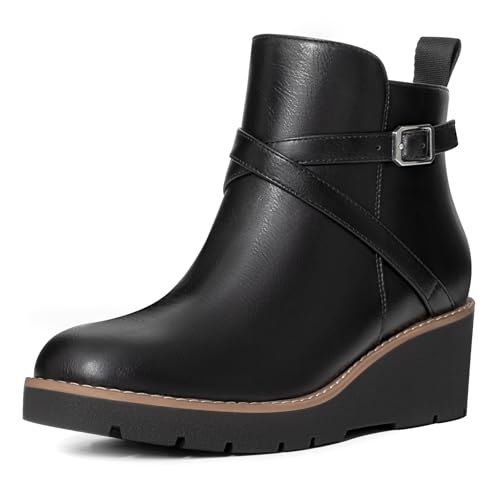 Athlefit Women's Wedge Ankle Boots Fashion Platform Lug Sole Buckle Short Booties with Side Zipper