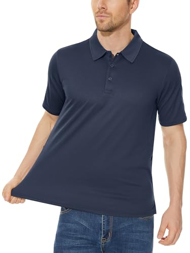 Foto von KEFITEVD Outdoor Polo T-Shirt Herren Golf Jagd Kleidung Robust Quick Dry Funktionsshirt Männer Arbeitsshirt Sommer Sportshirt Unifarben mit Kragen Freizeitshirt Dunkelblau L