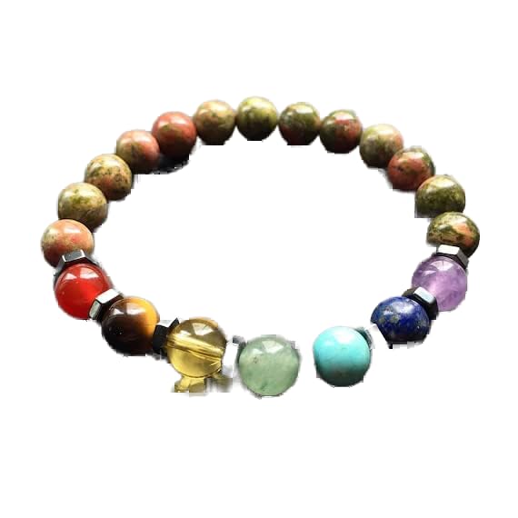 Bracelet 7 chakras jaspe unakite extensible 8mm bijou de guérison homme et femme