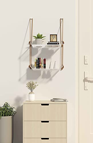 Image of Meshable Weebill 2-Tier Wall Hanging Metal Wall Shelf with Jute Rope, Home Decor Wall Shelves and Storage Racks with Elegant Design Ideal for for Balcony and Terrace, Standard Size - White