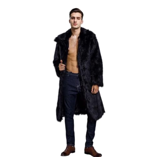 UMREN Mens Faux Fur Coat Long Black Jacket Warm Furry Overcoat Outwear
