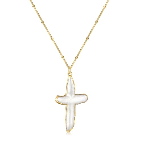 ALRNBY Pearl Cross Necklace for Women Freshwater Natural Chunky Baroque Pearl Necklaces Big 18K Gold Plated Cross Necklace Christian Gifts for Women Men Trendy Jewelry
