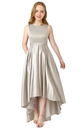 Augday Teen Confirmation Dress with Pockets Stretch Satin for Church Events, Recitals Sweet Sixteens Size 14 Fits 13-14 Years Silver