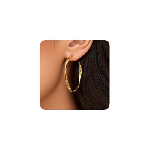 Lightweight Twisted Hoop Earrings 14K Gold Plated Hypoallergenic 3mm Wide Large Thick Gold Hoops Medium Twist Hoop Earrings for Women