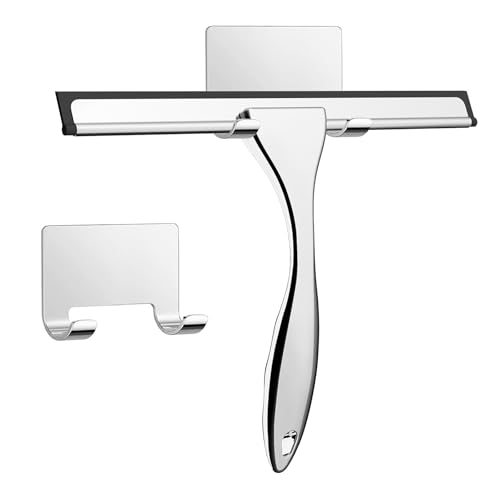 Hawsam - Limpiacristales de ducha de acero inoxidable, mango de 19 cm, con 25,5 cm de ancho, con borde de goma, sin suelo, con ganchos, para coche, casa