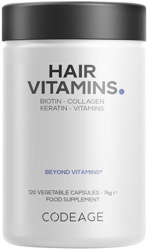 Codeage Hair Vitamins 10000 mcg Biotin, Keratin, Collagen, Vitamin A, B12, C, D3, E, Zinc, Turmeric, Probiotics, Enzymes - Hair Care Support - Healthy Hair Supplement Pills - 120 Capsules