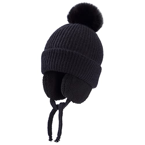 Toddler Winter Hat, Kids Winter Hat, Toddler Earflap Beanie Hat, Toddler Kids Girls Boys Soft Warm Knit Hat Fleece Lined Hat, Unisex Toddler Kids Boys Girls Beanie with Pompom (2-10 Years Old, Black)