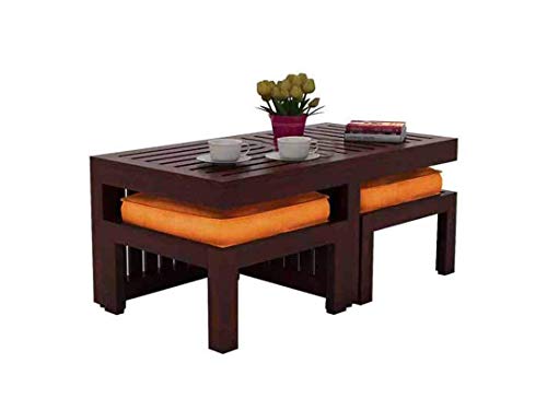 Image of Jangid Handicraft Sheesham Wood Coffee Table with 2 Stool | Rectangle Sofa Centre Table with Stool | Tea Center Table with 2 Stools for Living Room | Patio Teapoy Table with Two Puffy, Mahogany