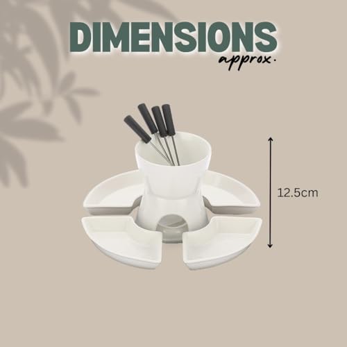 Homezone 10pc White Ceramic Chocolate Fondue Set with Stainless-Steel Forks and 4 Half Moon Serving Dishes, Microwave and Dishwasher Safe Cheese Fondue Tealight Candle for Birthday