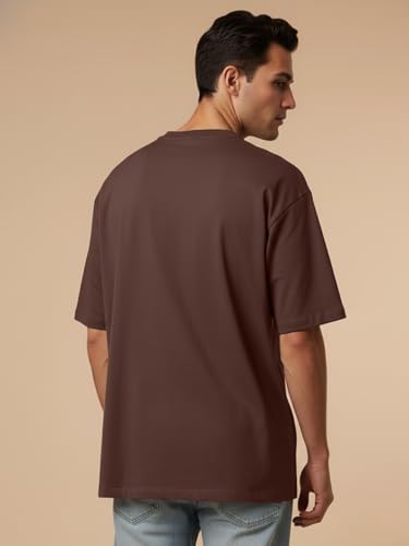 Image of LEOTUDE Men's Drop Shoulder Oversized Baggy Fit Half Sleeve Plain Solid Round Neck Multicolor T-Shirt for Men (Color Brown)