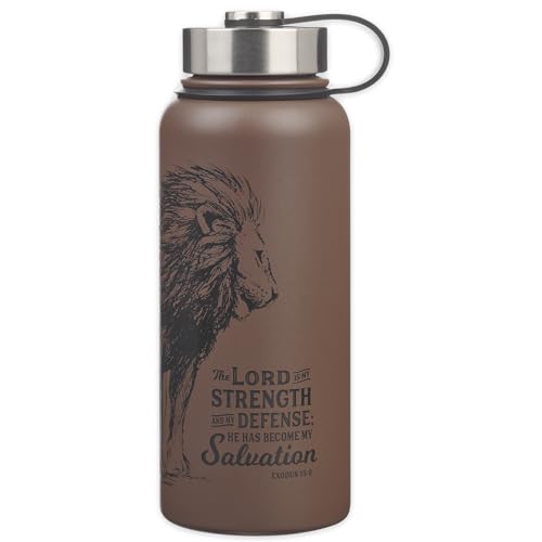 Christian Art Gifts Large Inspirational Stainless Steel Double Wall Vacuum Sealed Insulated Scripture Water Bottle for Men & Women: Strength & Defense Lion Design, All Day Hot/Cold, Brown, 32 oz.