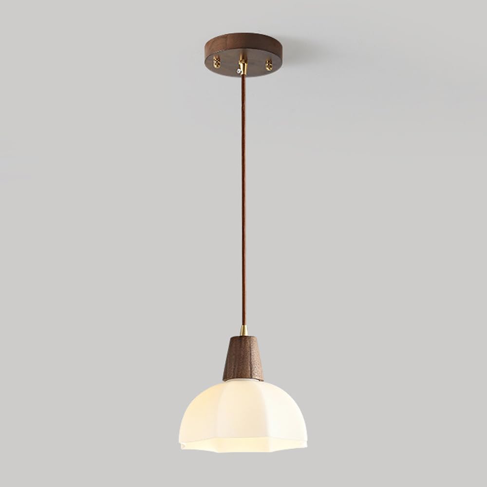 HUAYUSEDF Vintage Milky White Glass Dining Room Chandelier Light Fixture 3-Lights Modern Walnut Wood Farmhouse Pendant Mid Century Kitchen Island Hanging Lamp for Living Bedside Table