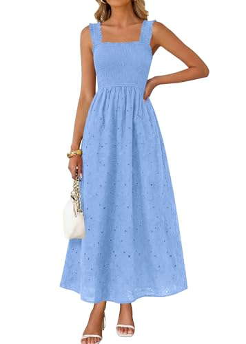 KIRUNDO Summer Lace Dress Vacation Outfits for Women 2026 Wedding Guest Dresses Maxi Beach Boho Sleeveless Cotton Sundress (Light Blue Medium)