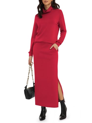 Casly Lamiit Womens 2 Piece Skirt Outfits Lounge Set Fall Turtleneck Pullover Tops Maxi Skirts with Pockets Ladies Knit Travel Clothes Red M