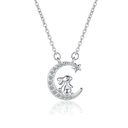 HinDaLi Collar de Conejo Luna y Estrella Plata de Ley 925 para Mujer Niña Colgante de Luna Estrella Circonitas Colgante de Conejo Collar de Mujer Plata Diamante Pequeño Collares Cadena Cristal