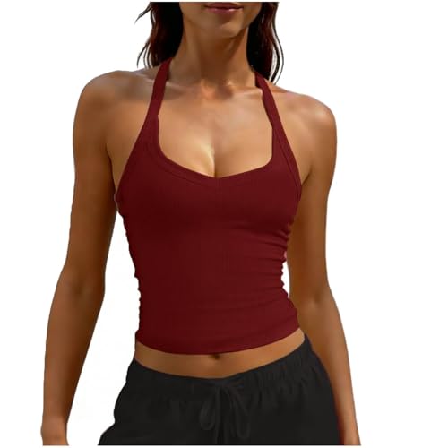 Ribbed Halter Tank Top for Womens V Neck Sexy Backless