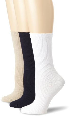 Hue Women's 3 Pair Pack Comfort Top Sock, Chino/White/Navy, One Size