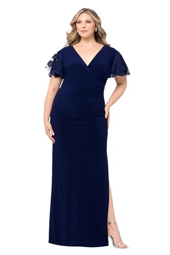 Image of Betsy & Adam Women's Plus Size V Neck Sequin Short Sleeve Jersey Knit Side Slit Dress, Navy, 14W