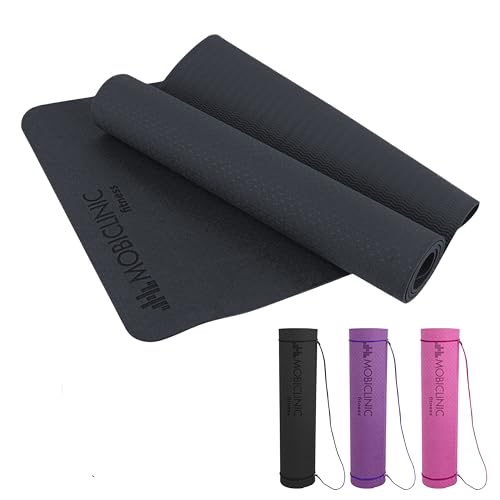 Mobiclinic, Esterilla de yoga, Incluye correa transporte, 6mm grosor, Marca española, Antideslizante, Impermeable, Ecológica, Fitness, Deporte, 181x61x0.6 cm, Lavable, Flexible, Tpe, Negro