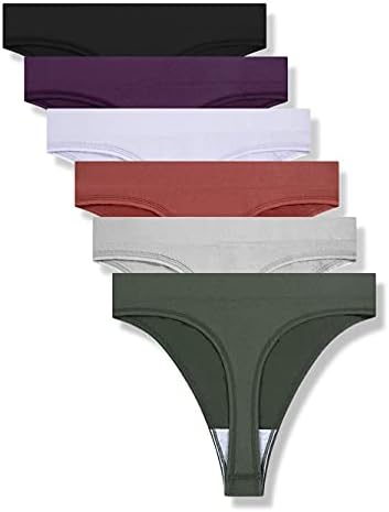 GRANKEE Women's Breathable Seamless Thong Panties No Show Underwear 6 Pack(Black/Caramel/Purple/Olive Green/Lavender/Light Grey 6 Pack M)