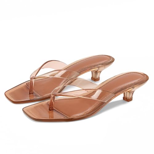 Image of Dsevht Kitten Heels for Women Jelly Square Open Toe Sandals Flip Flop Heel Summer Low Heeled Thong Sandals