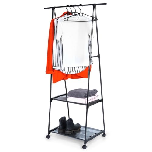 Vilde Perchero con estantes de metal negro con ruedas, 88 x 44 x 160 cm