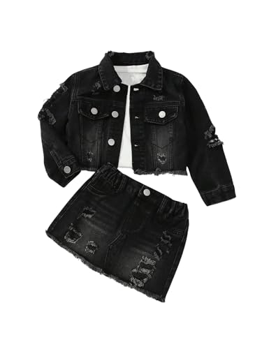 WDIRARA Girl's 2 Piece Outfit Ripped Button Front Long Sleeve Denim Jackets and Mini Skirts Set Black 6Y