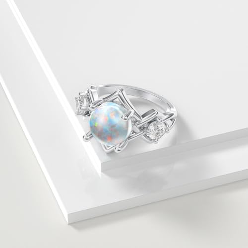 Image of 0.3 Carat Moissanite and White Opal /Blue Opal /Black Opal Engagement Ring 925 Sterling Silver 8-9 MM Heart /Round /Oval Cut Opal Moissanite Ring for Women Size 5-13