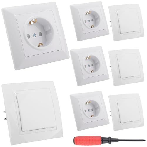 4 Piezas Enchufe de Pared Empotrado y 4 Piezas Interruptores de Luz Enchufe Simple Superficie Conmutador Interruptor Pared Blanco con Marco con Destornillador para Cocina Dormitorio - 82×82mm