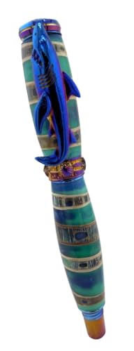 Handmade Ocean Life style rollerball pen giftset in Rustic Wood treasure chest gift box. Shark vertebrae with blue/seafoam resin. Blue titanium trim. Postable cap. Shark pen clip/seashell band.