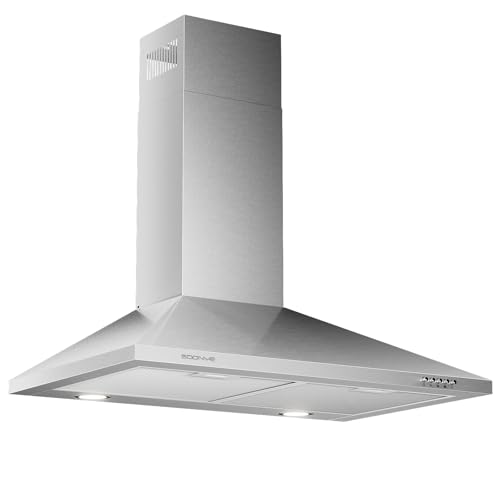 Image of SOONYE 450 CFM 30 inch Range Hood, Stainless Steel Wall Mount Vent Hood, Convertible to Ductless/Ducted with LED Lights, 3 Speed Exhaust Fan