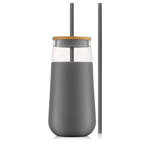 Joyjolt Tumbler With Lid And Straw And Silicone Sleeve. Bpa Free, 20Oz Glass Cup With Bamboo Lid (Grey). Travel Tumbler For Car, Reusable Iced Coffee Cup Or Glass Water Bottle With Lid And Straw #TOP6